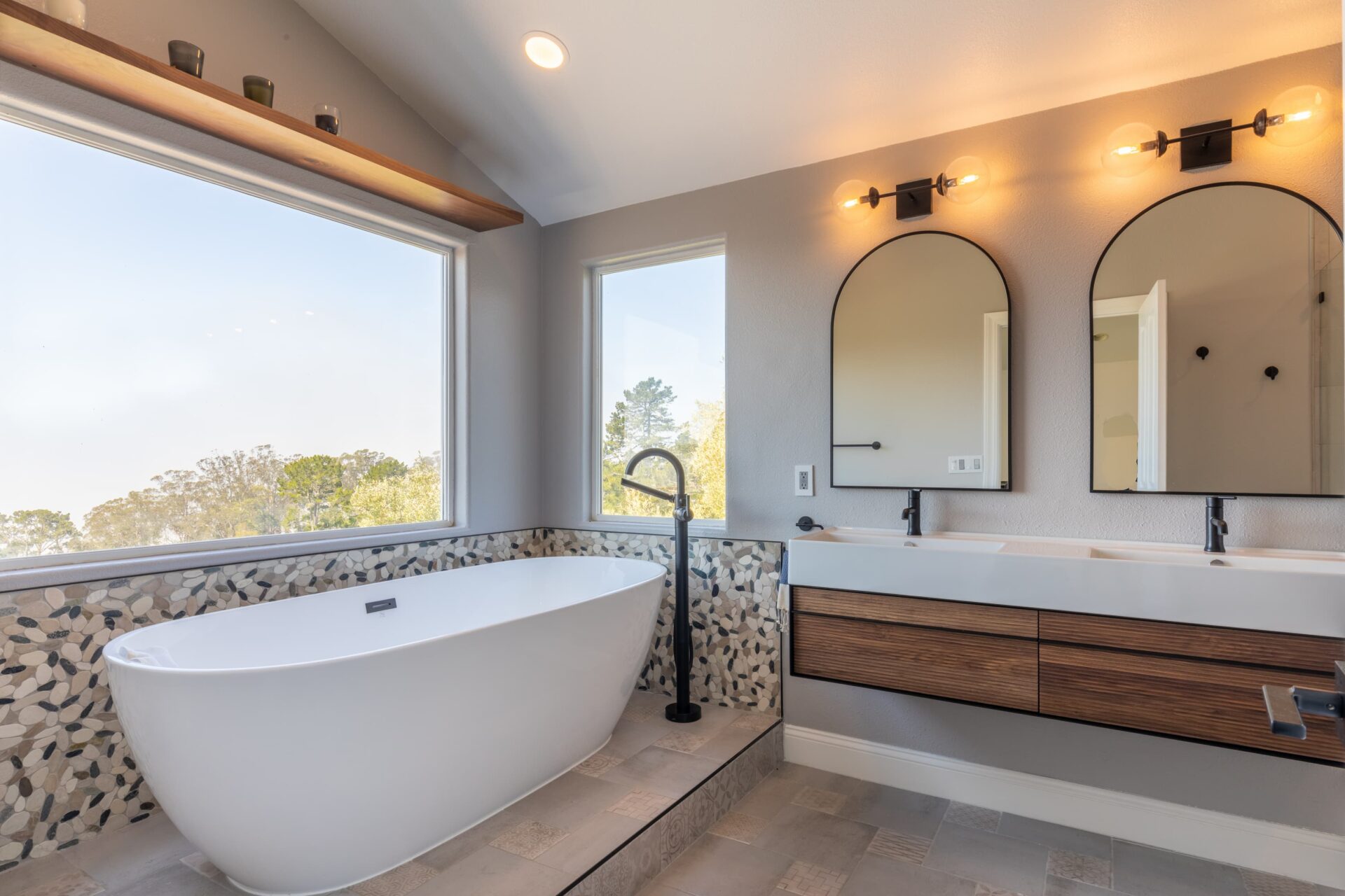 Luxury blue framed bathroom completed by NuHome Remodeling