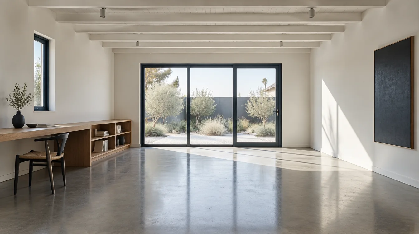 Converted garage studio with polished concrete floor and a wide new glazed door