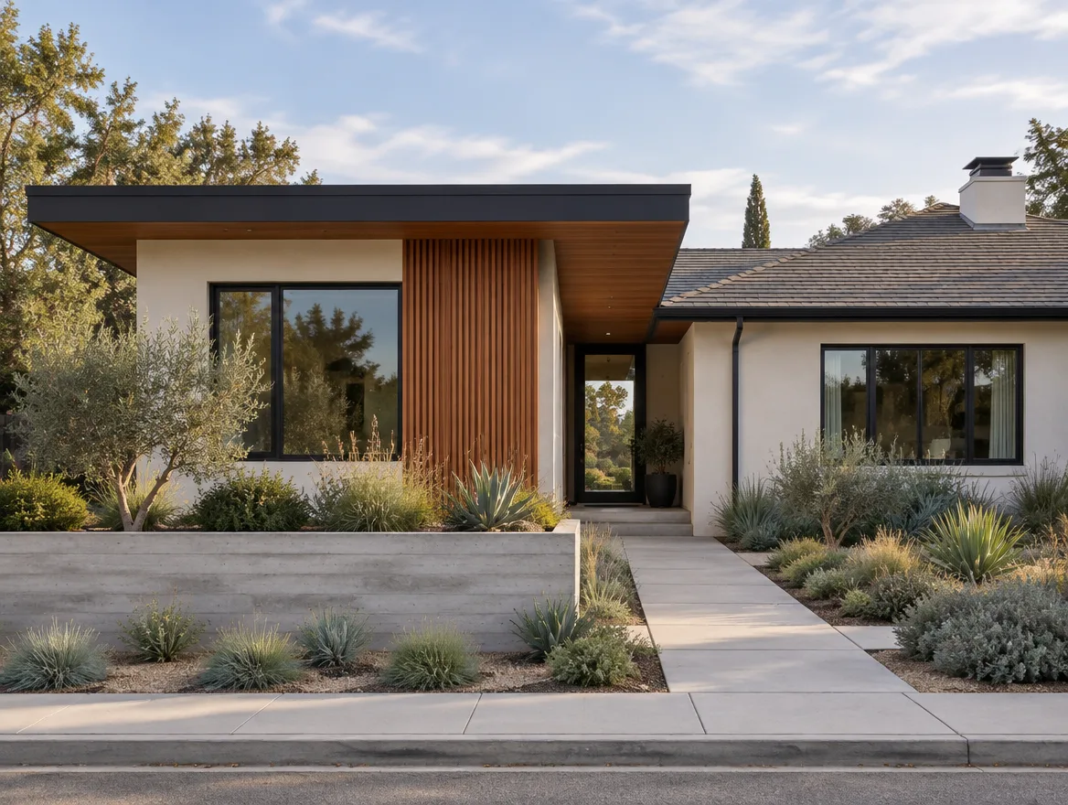 Attached single-storey home addition in stucco and cedar seen from the street
