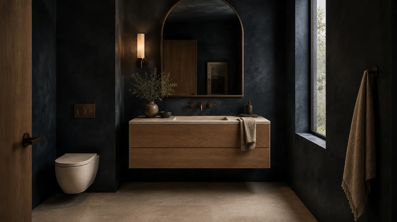 Bathroom in deep blue-black plaster with bronze fittings and an arched mirror