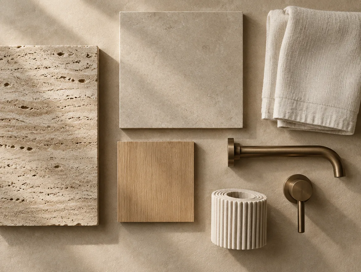 Bathroom material samples: travertine, limestone, white oak, bronze and linen