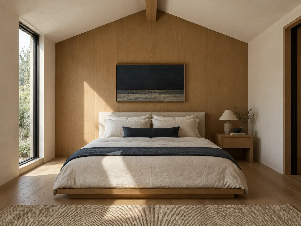 Bedroom inside a detached ADU with an oak panelled wall and vaulted ceiling