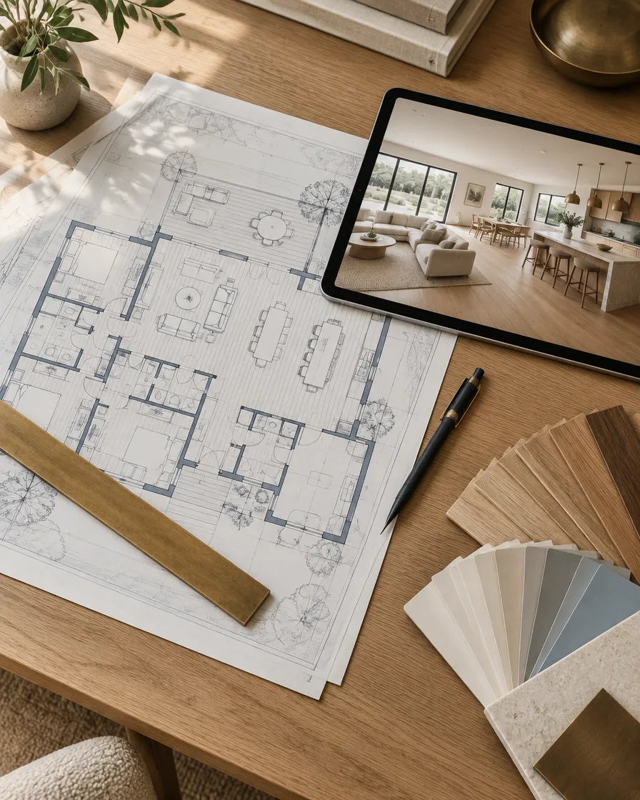 Blueprints and a 3D design render prepared by a NuHome designer