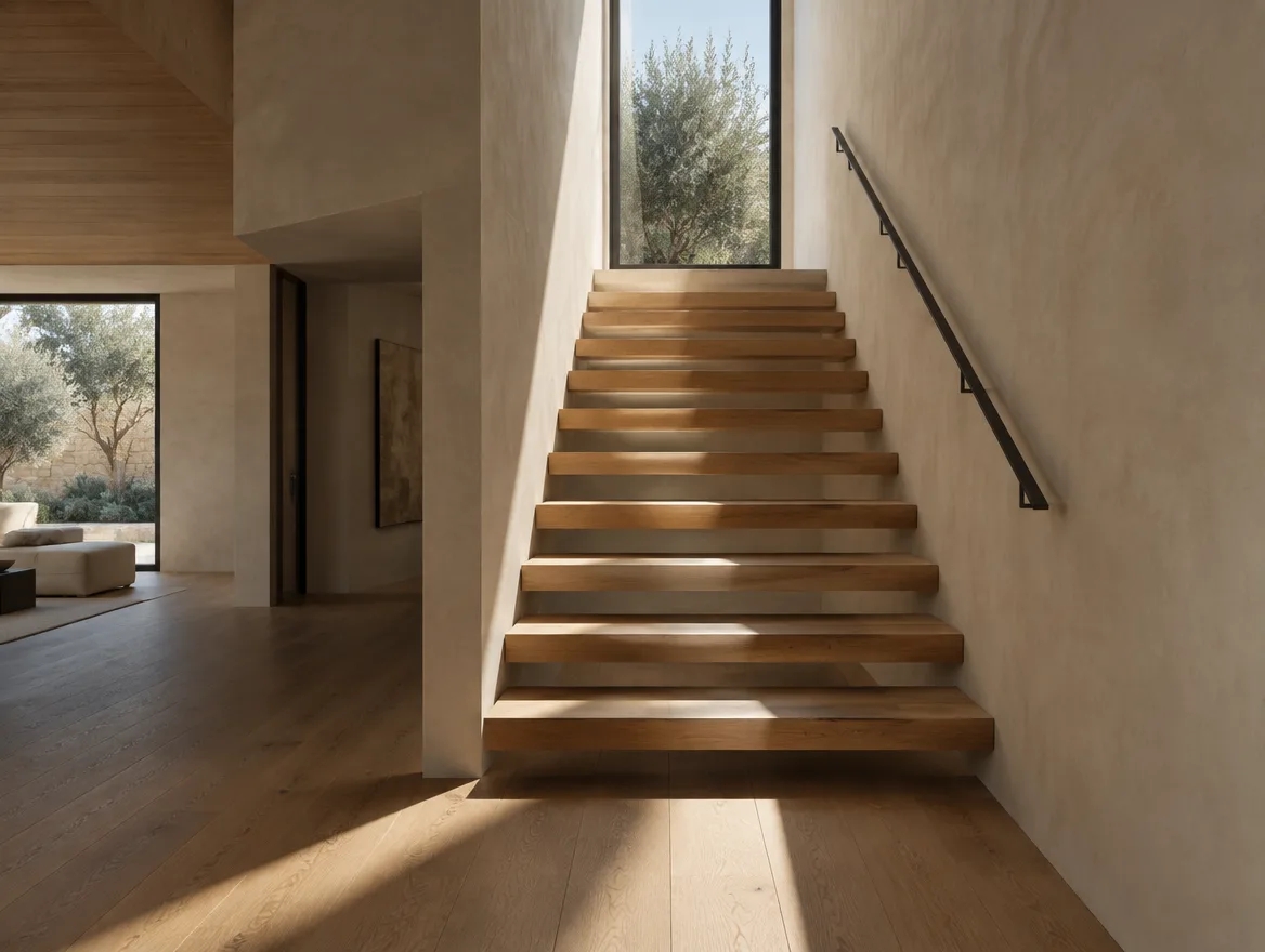 Cantilevered oak stair treads with a slim blackened-steel handrail