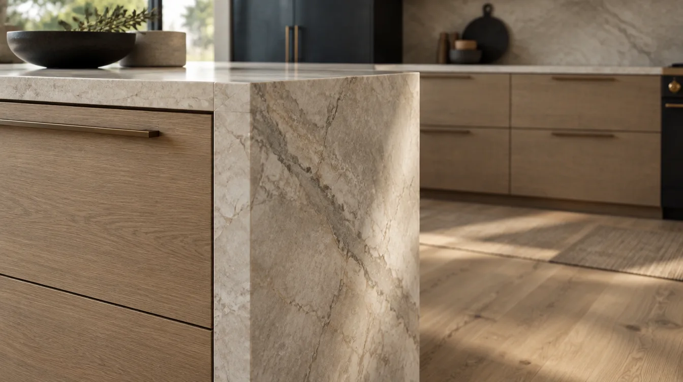 Close detail of a marble waterfall island edge meeting an oak floor