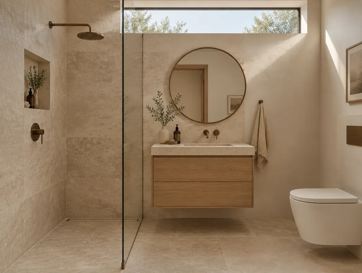 Compact bathroom inside a detached ADU with a limestone walk-in shower