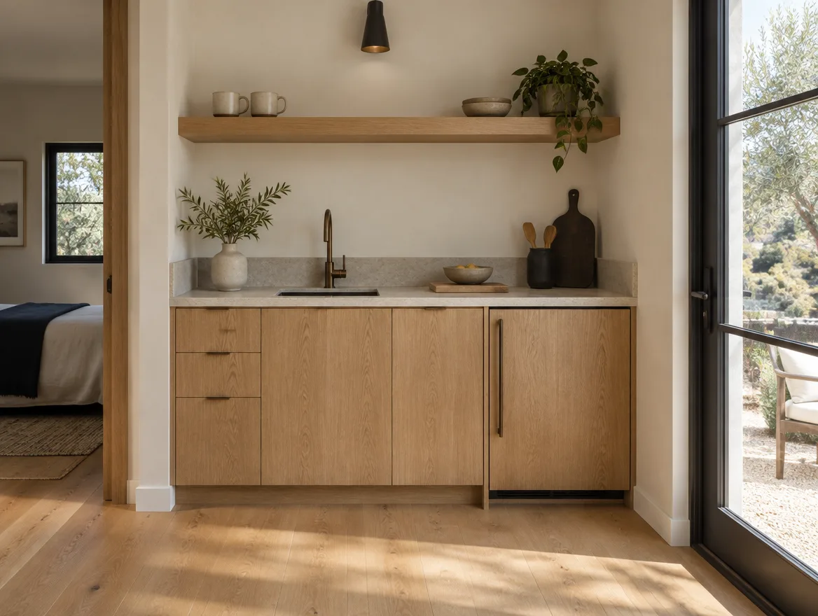 Compact kitchenette inside a detached ADU with oak cabinetry and stone counter