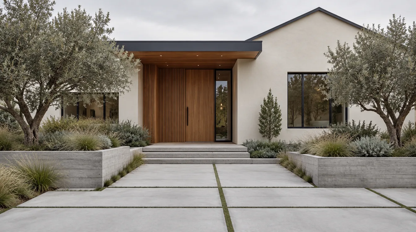 Remodelled facade with cedar entry volume and new paver driveway