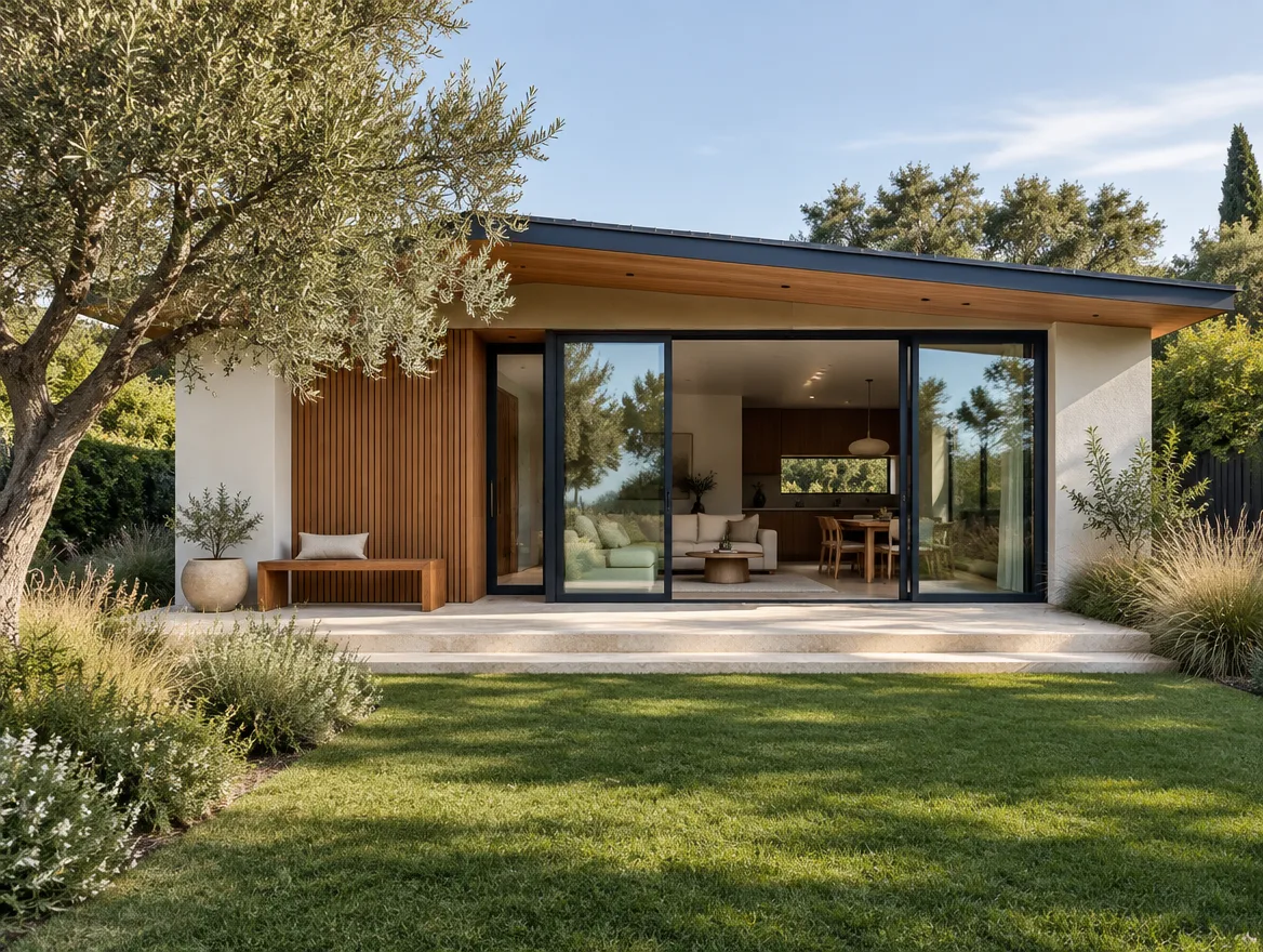 Detached ADU seen from the garden with cedar entry bay and open sliding doors