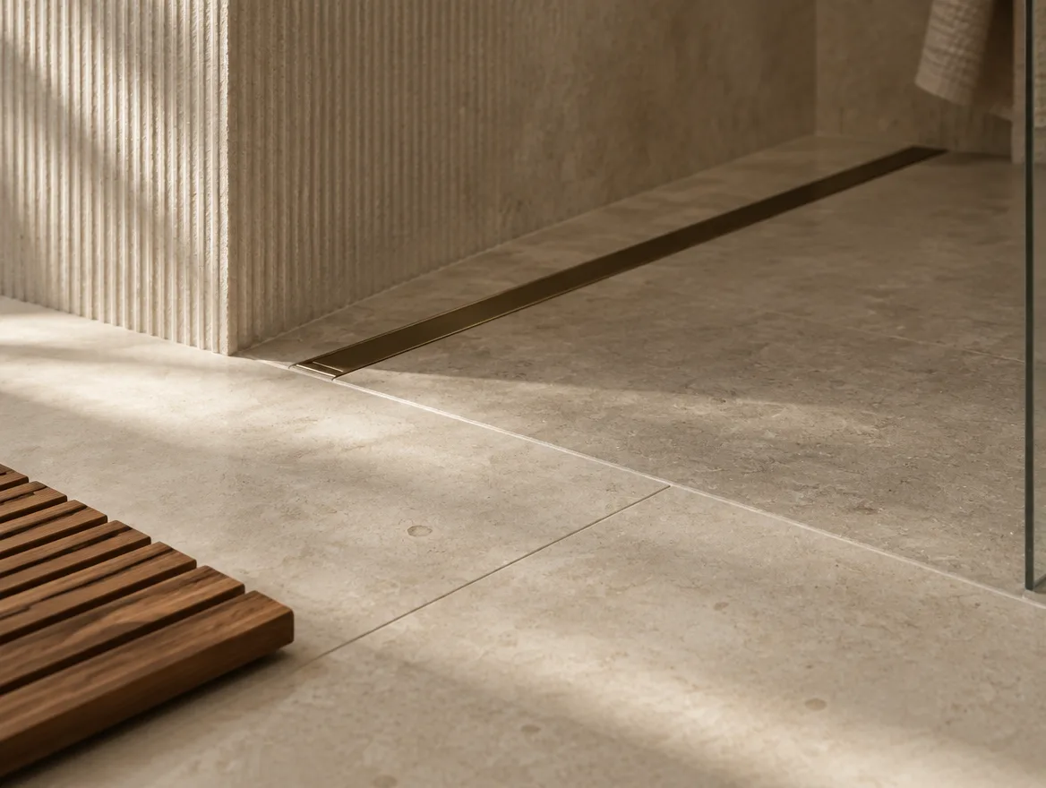 Detail of limestone floor tile meeting a curbless shower with a bronze linear drain