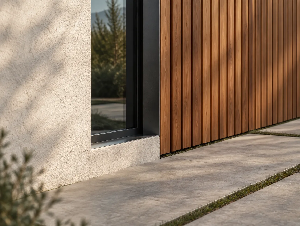Detail of stucco meeting a cedar slat screen above concrete paving