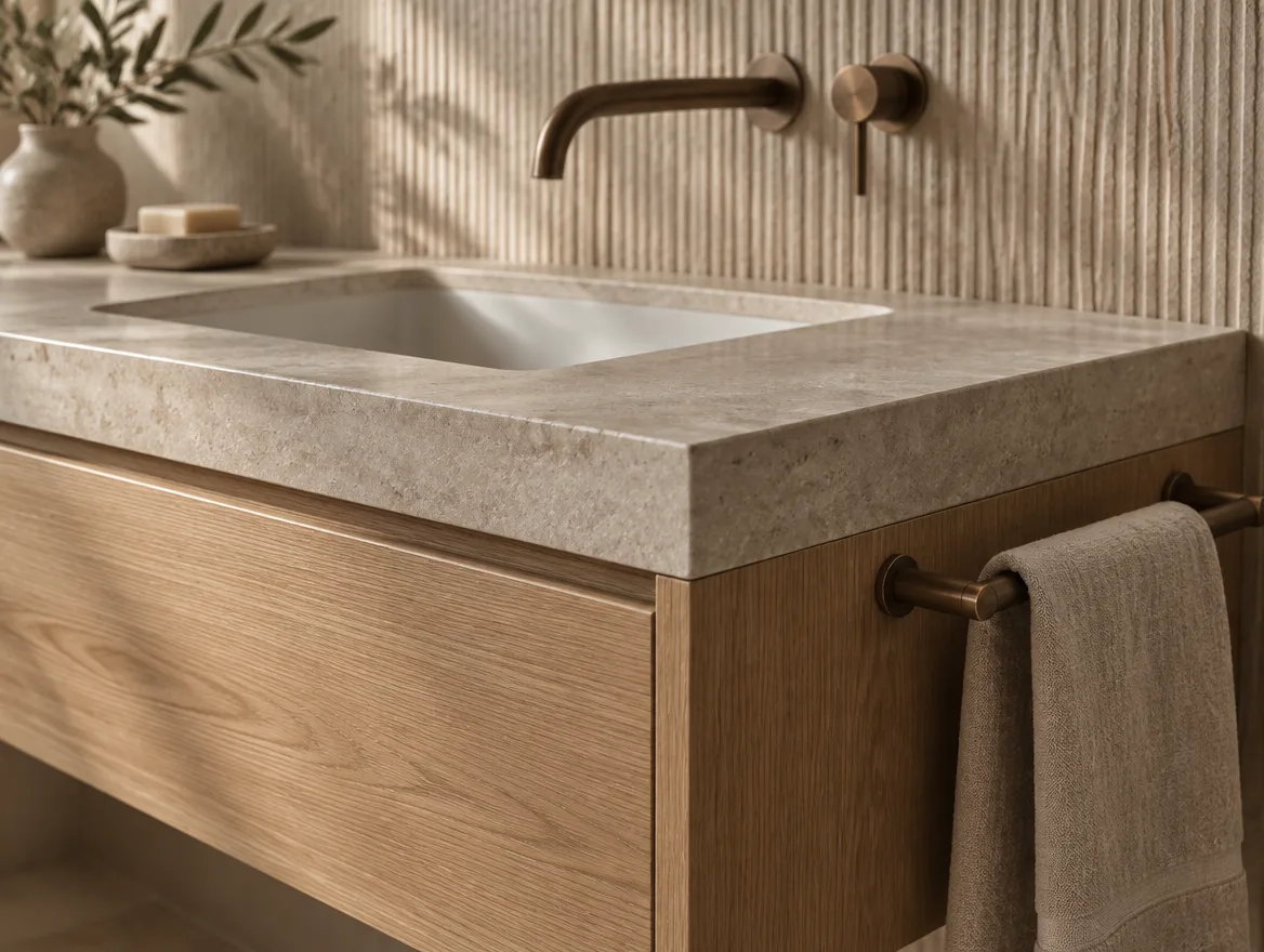 Detail of a wall-hung oak bathroom vanity with a honed stone top and bronze tapware
