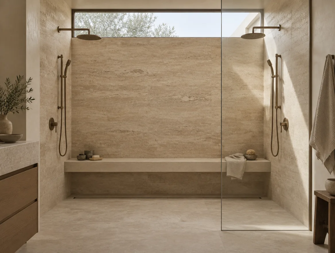 Double shower with bronze rain heads and a full-height travertine wall