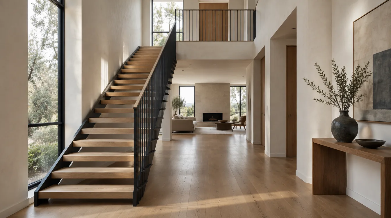 Entry hall and open oak stair in a whole-house remodel