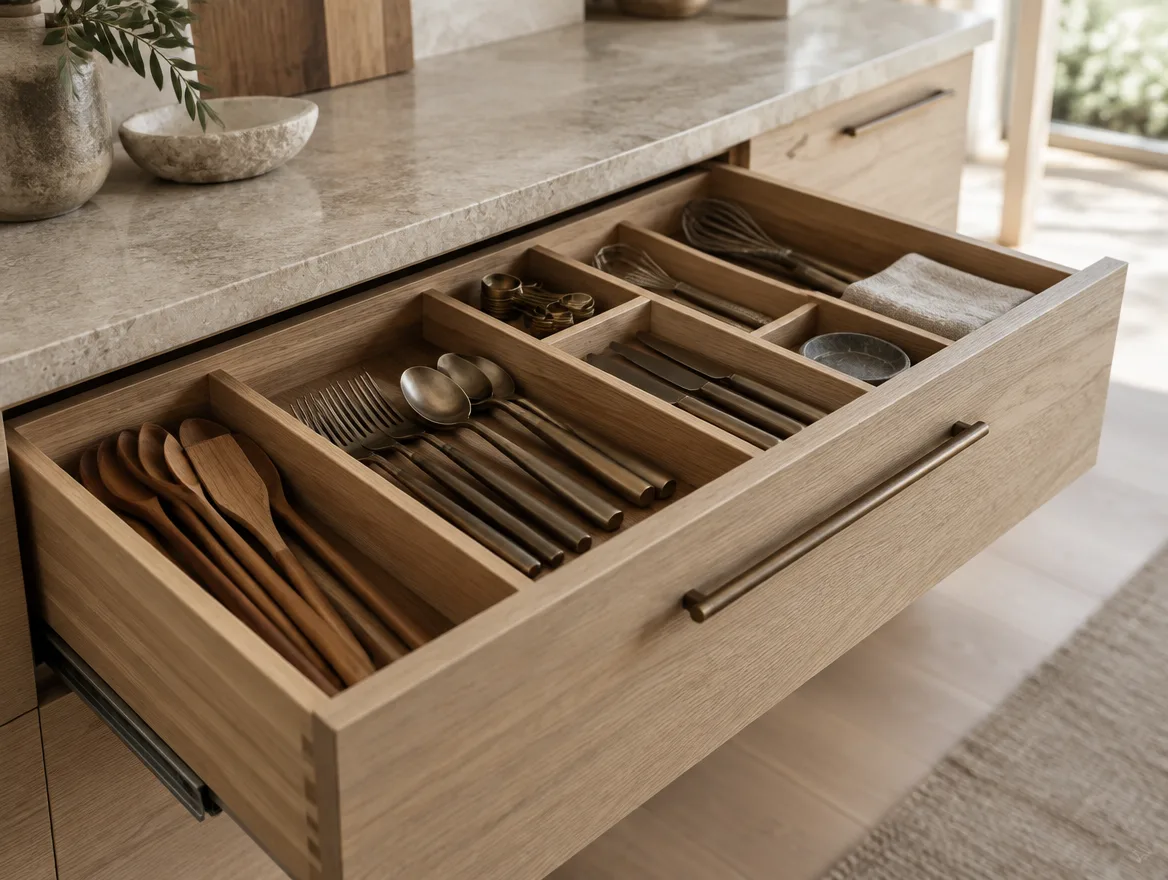Detail of a fitted white oak kitchen drawer with dividers and a slim bronze pull