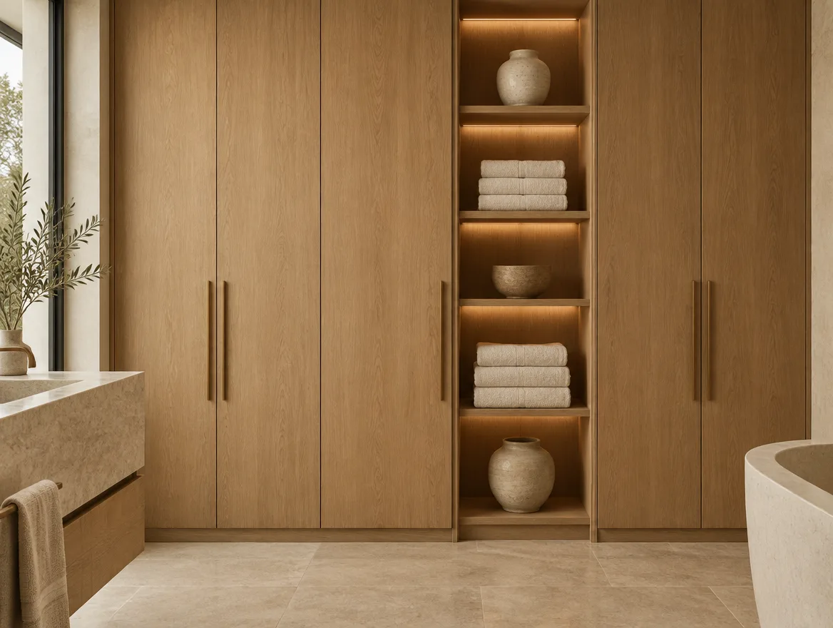 Floor-to-ceiling oak bathroom storage with integrated lighting and folded linen