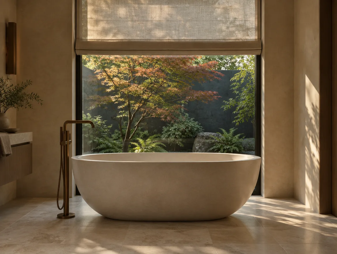 Freestanding stone soaking tub beside a window onto a planted courtyard