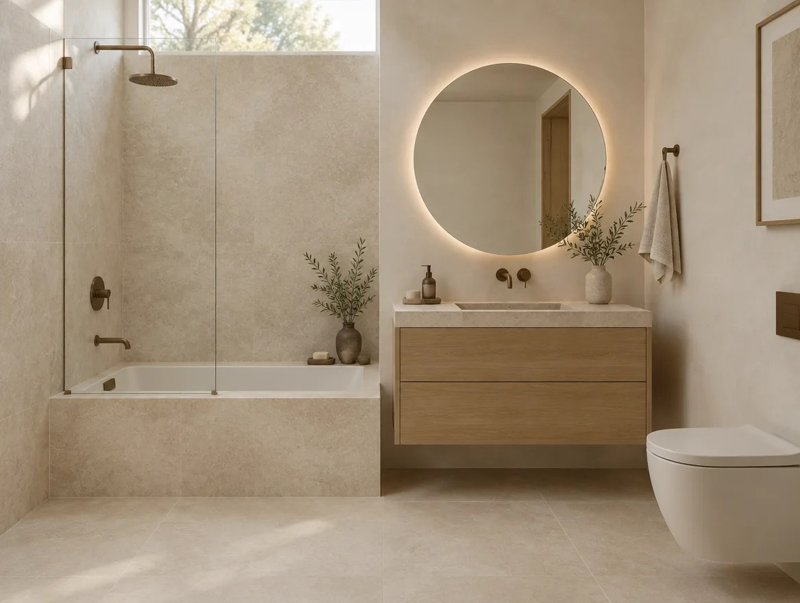 Guest bathroom with a limestone slab tub surround and a wall-hung oak vanity