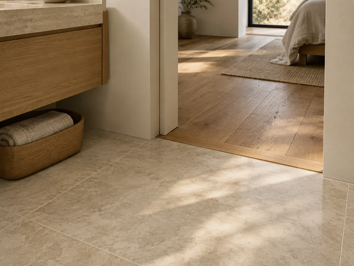 Heated limestone floor meeting a warm oak threshold at the bathroom doorway