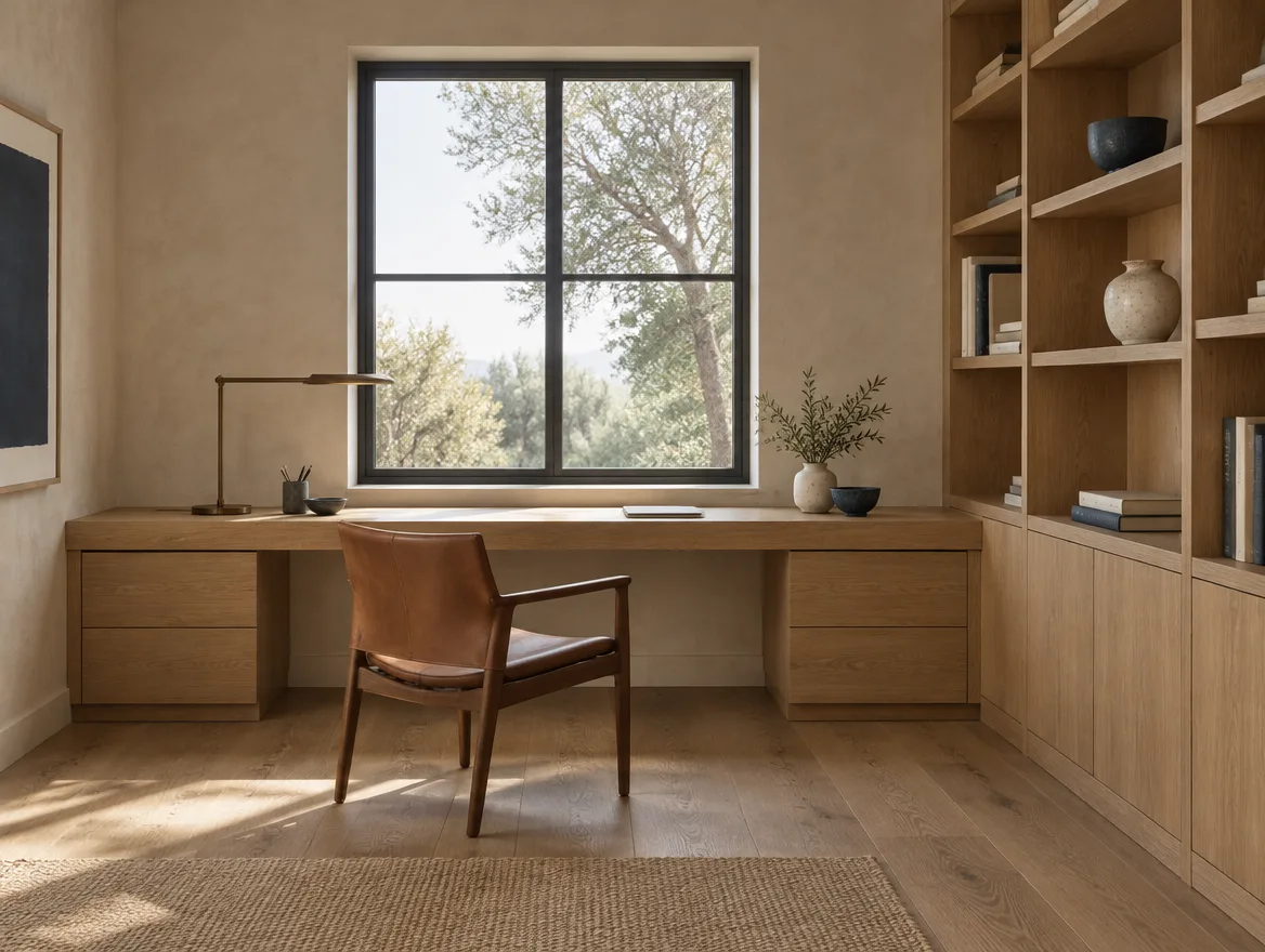 Home study with a built-in oak desk and floor-to-ceiling shelving
