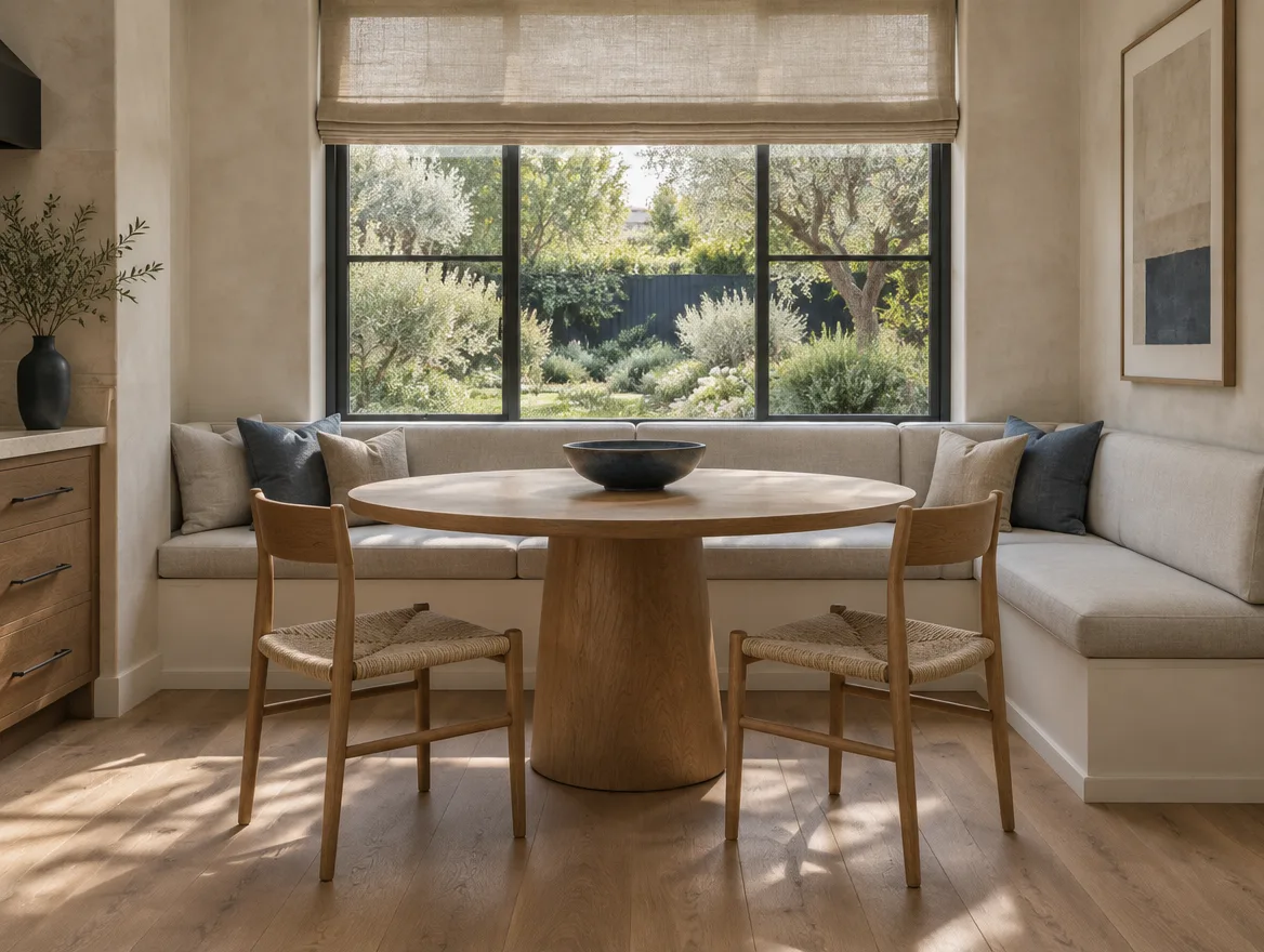 Kitchen breakfast nook with a built-in linen banquette and round oak pedestal table