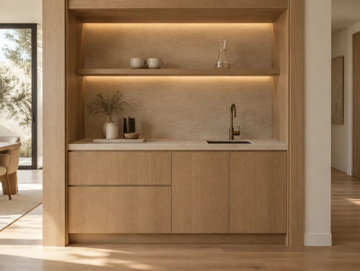 Kitchen coffee and drinks station in a warm white oak alcove with a stone counter