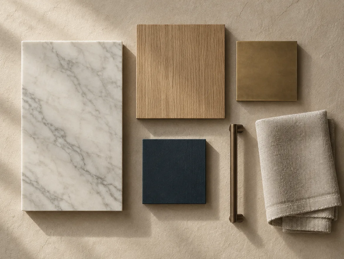 Kitchen material samples: honed marble, white oak, unlacquered brass, blue-black timber and linen