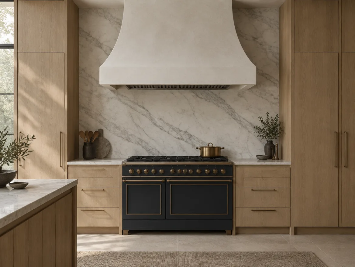 Kitchen range wall with a plaster hood and full-height honed marble slab backsplash