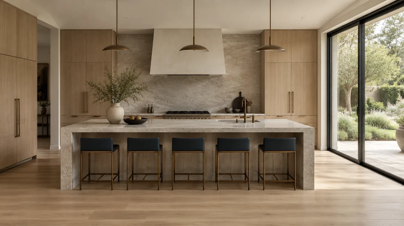 Kitchen remodel with a marble waterfall island and garden doors