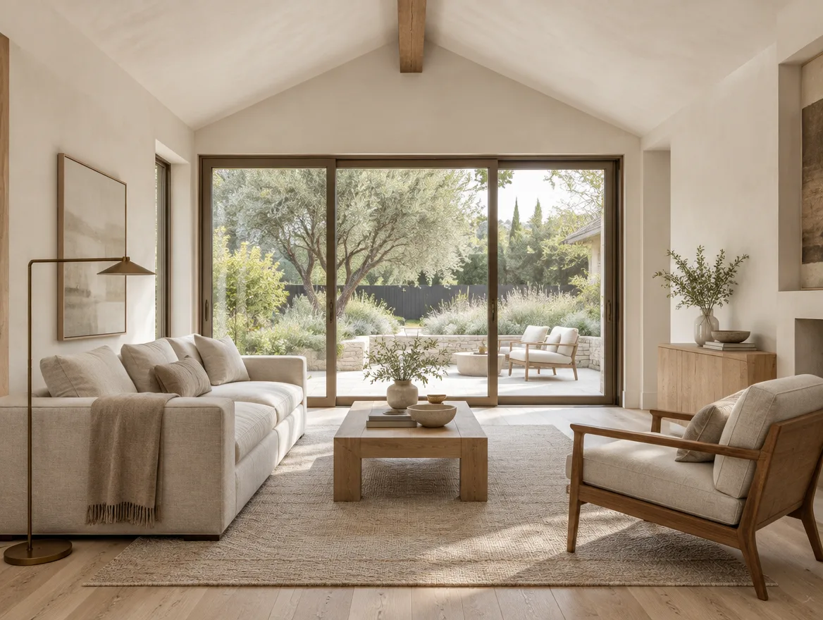 Living area inside a detached ADU with a vaulted ceiling and garden doors