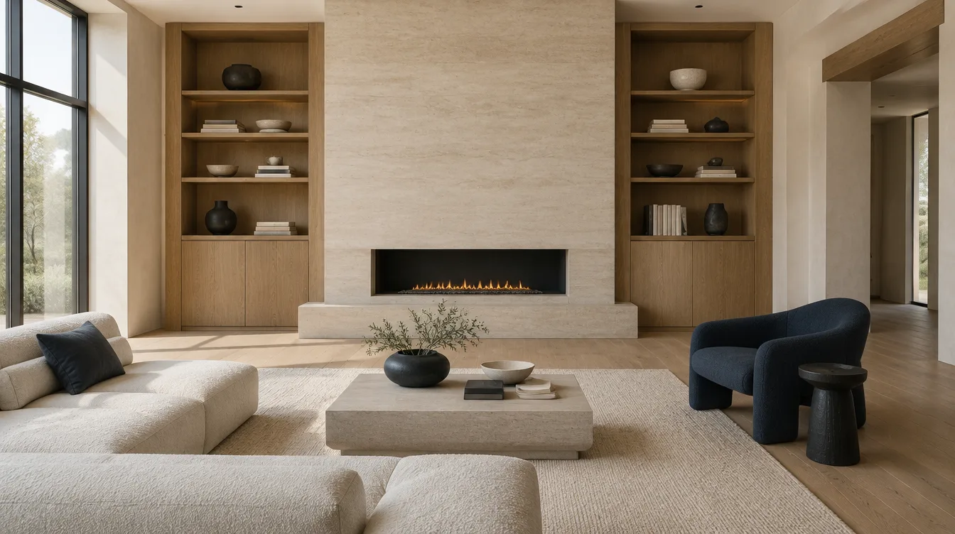 Living room with full-height oak built-ins and a limestone fireplace wall