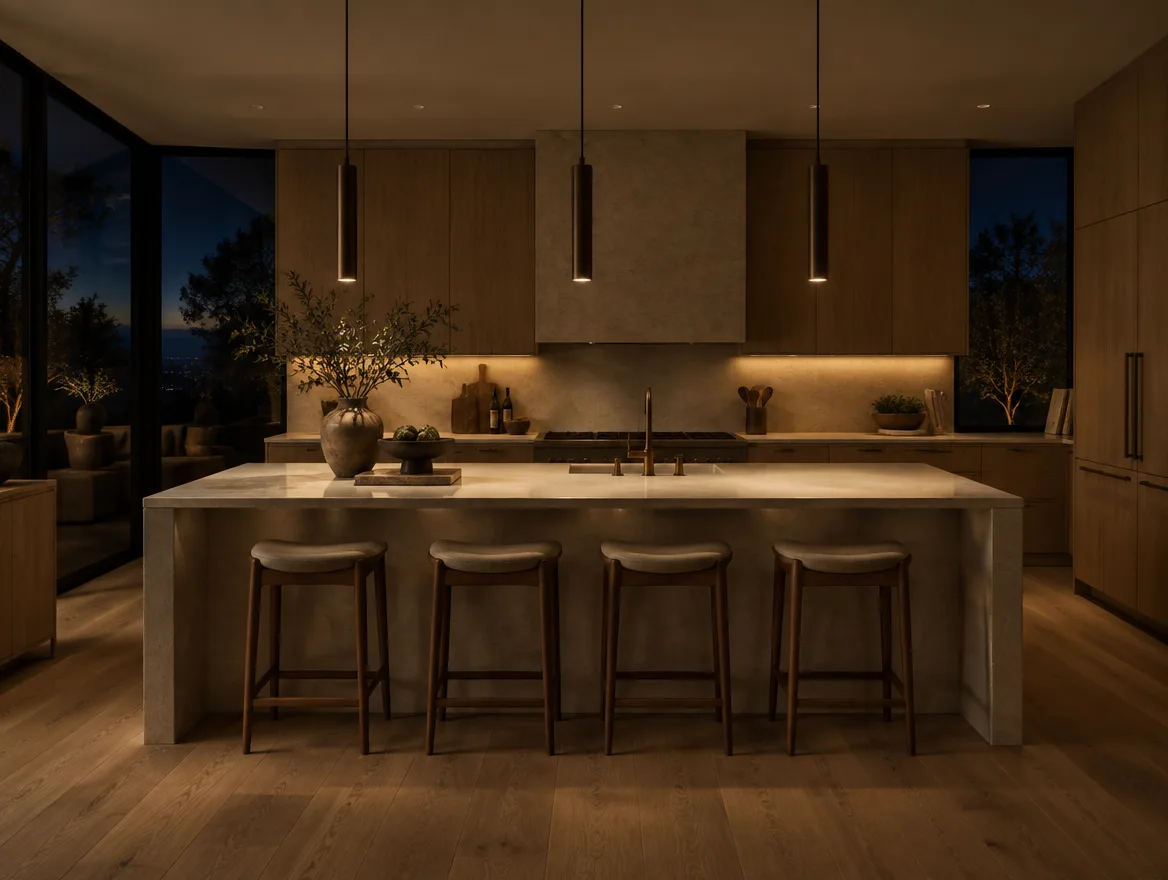 Kitchen remodel at night with bronze pendant lighting over a honed stone island