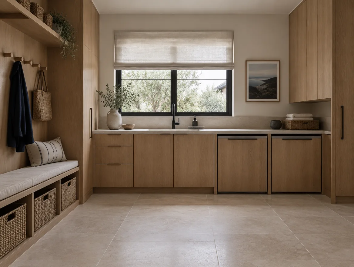 Mudroom and laundry with oak cabinetry, a stone folding counter and limestone floor