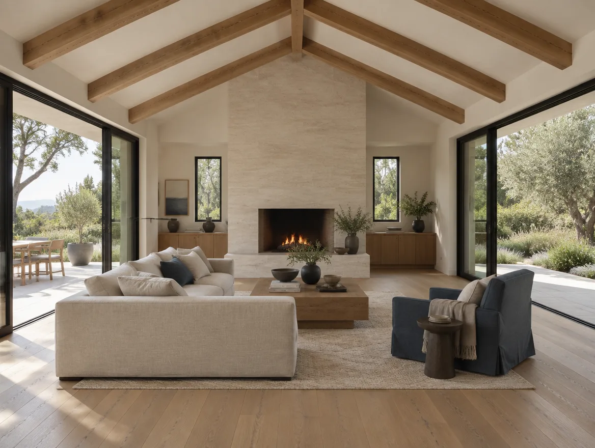 New family room addition with vaulted ceiling opening onto a garden terrace