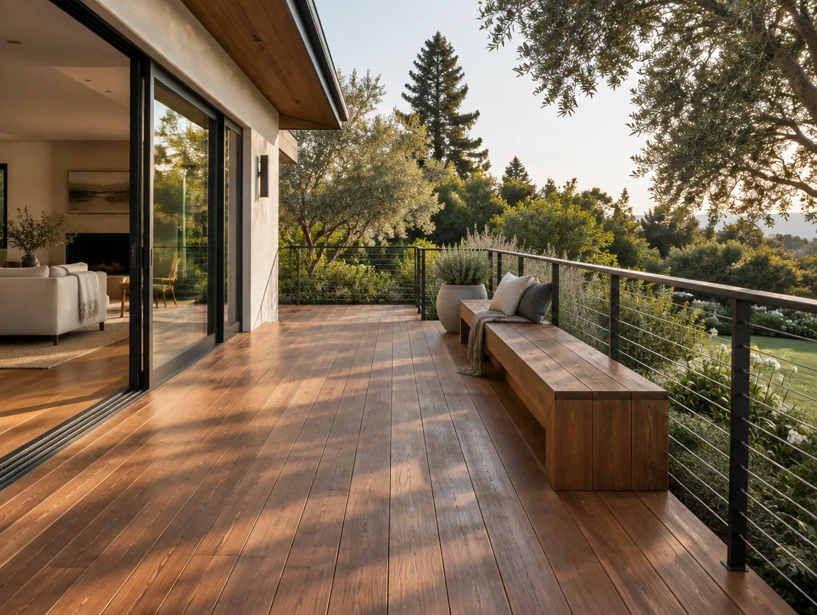 New hardwood deck with a blackened-steel cable balustrade