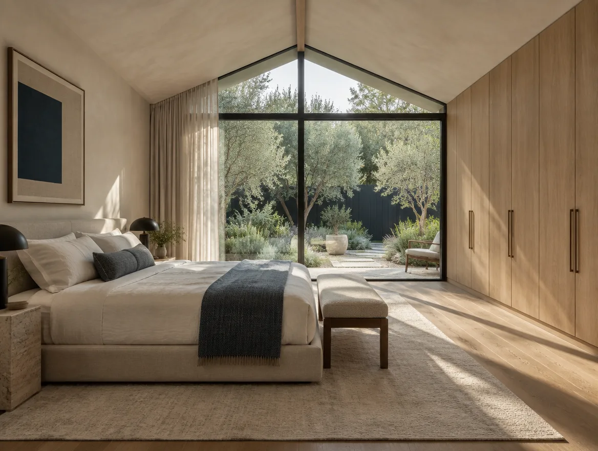 New primary suite addition with an oak wardrobe wall and full-height glazing