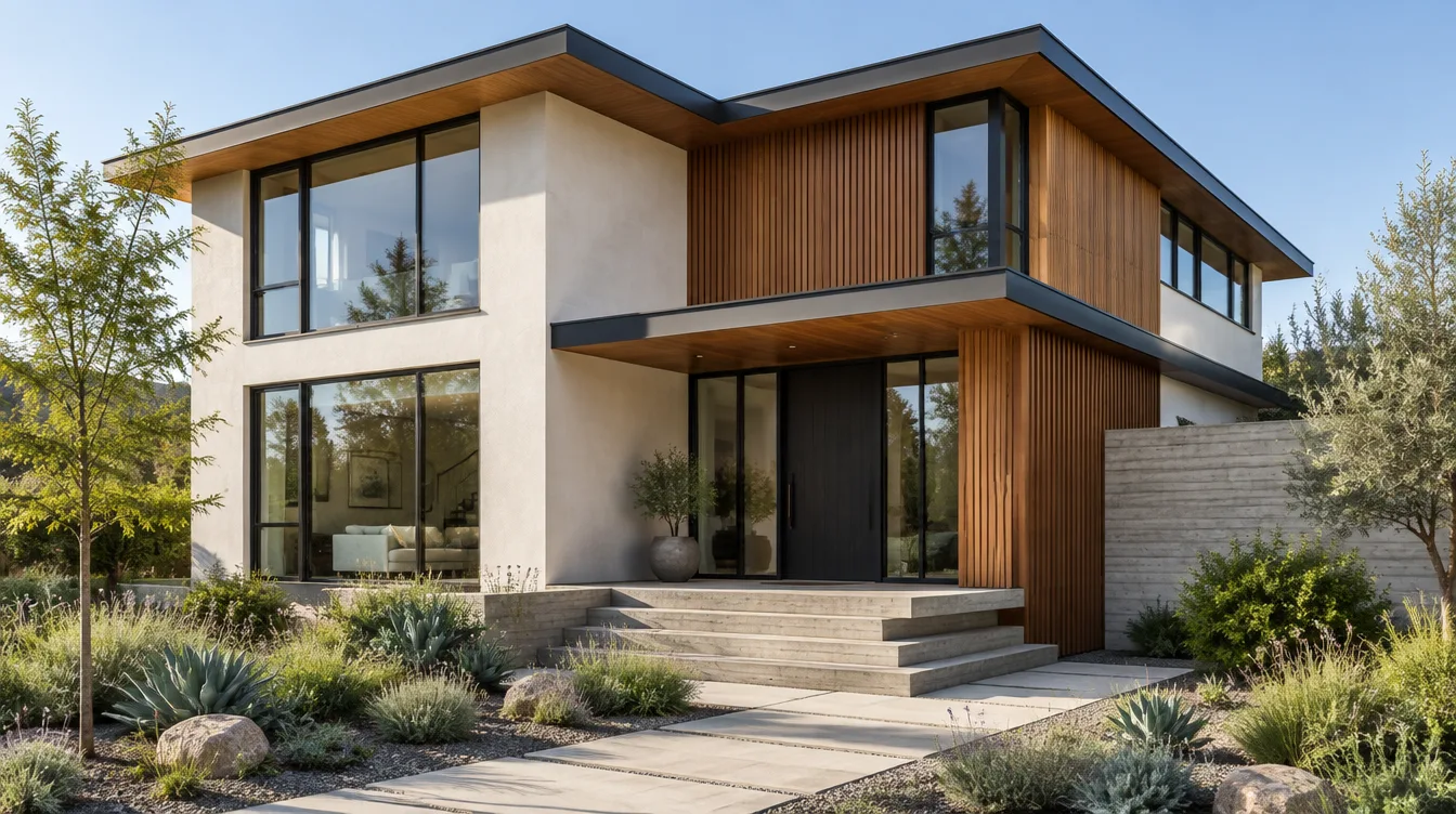 Newly completed custom home exterior in morning light