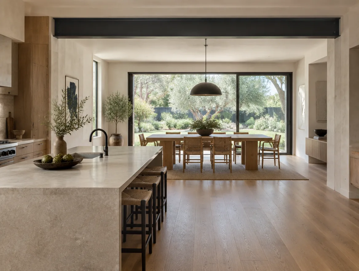 Open kitchen and dining space with an exposed structural beam