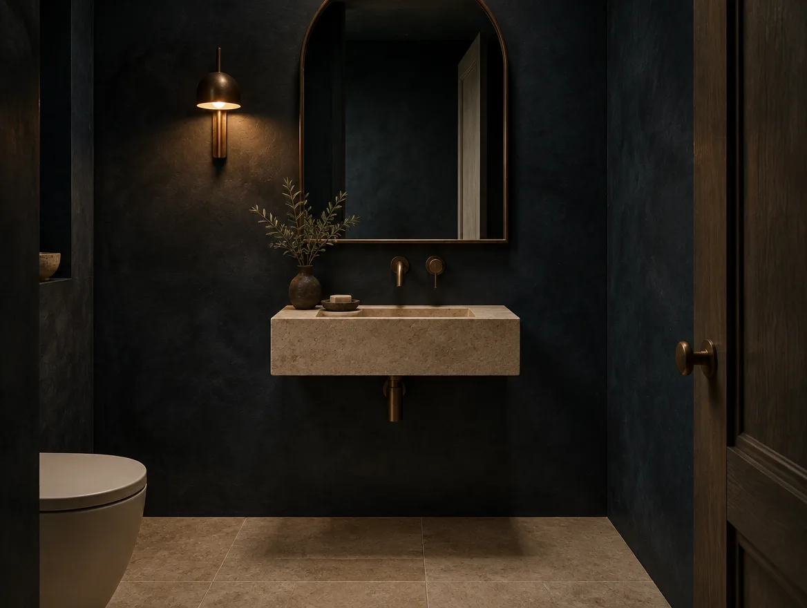 Powder room in deep blue-black plaster with bronze fittings and an arched mirror
