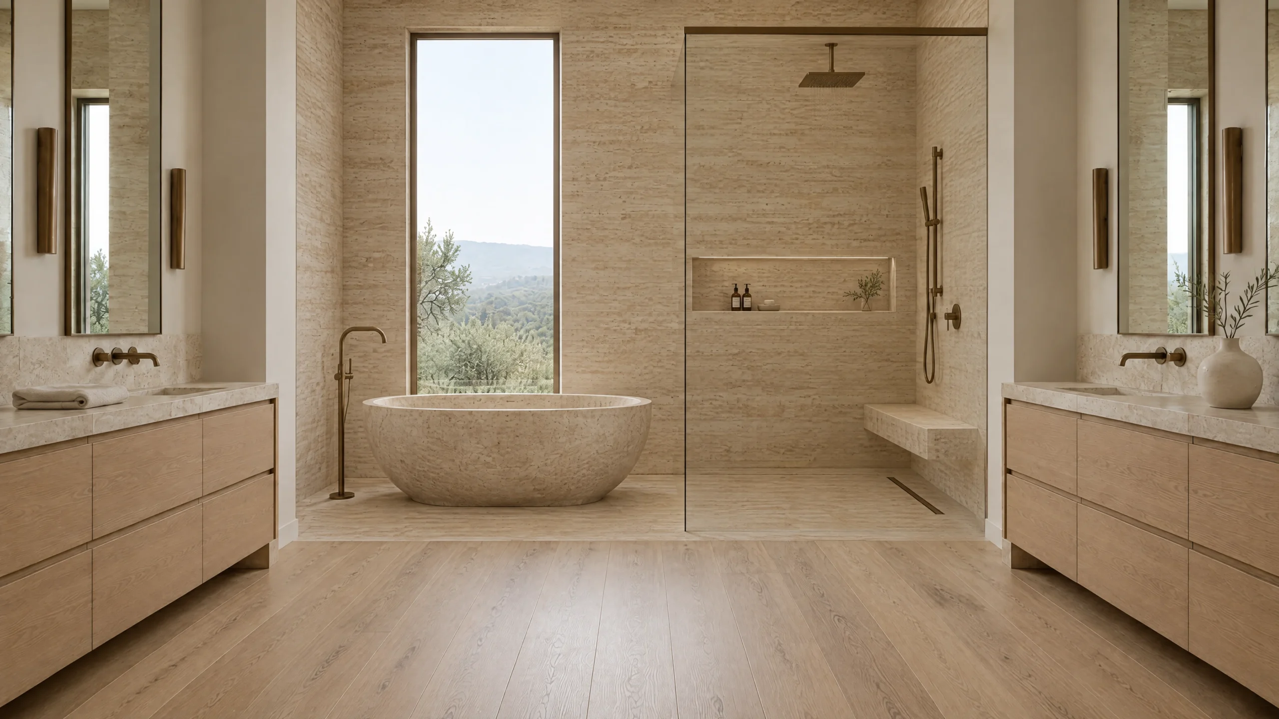 Primary bathroom with a spacious travertine walk-in shower, a stone soaking tub under a garden window and twin white oak vanities