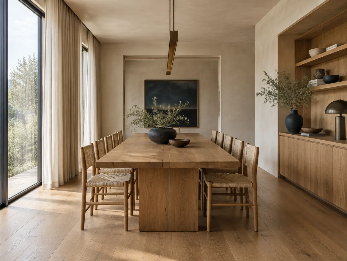 Remodelled dining room with a long oak table and linear bronze pendant