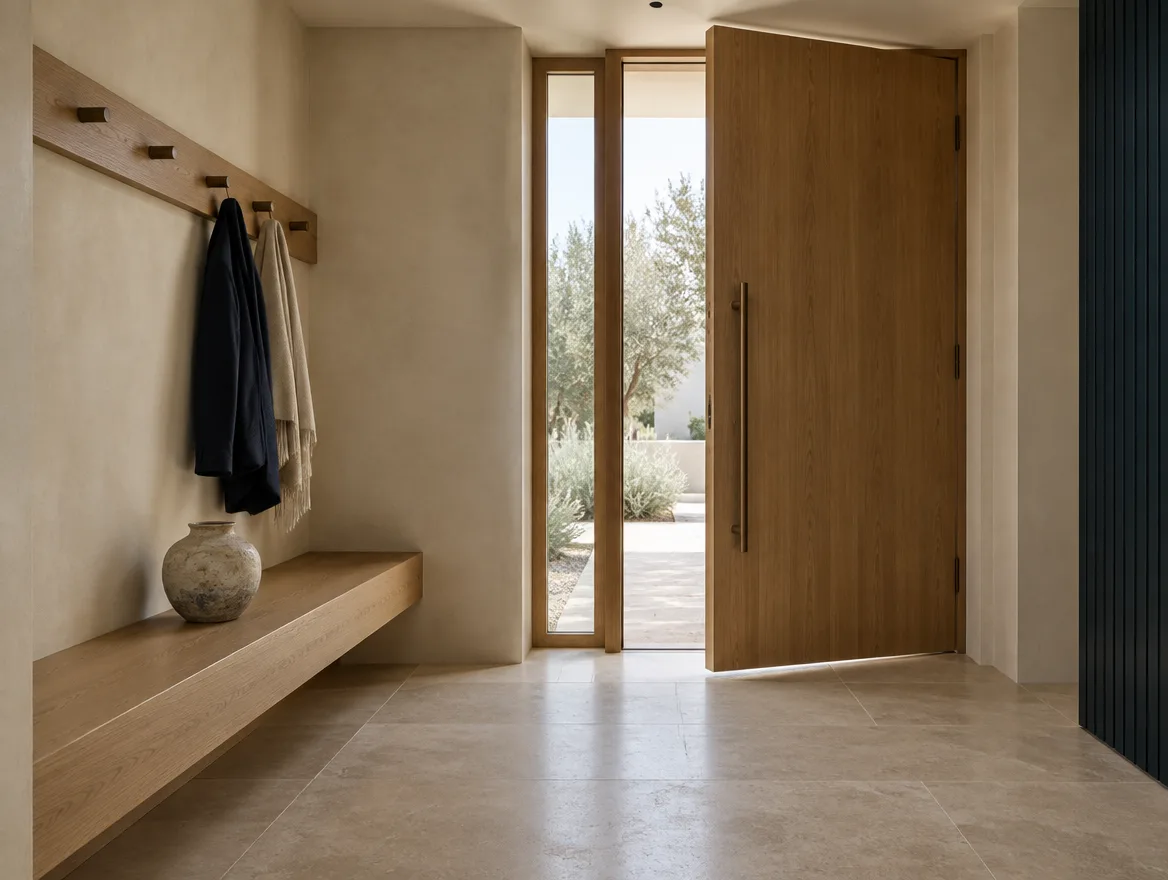 Remodelled entry vestibule with a built-in oak bench and limestone floor