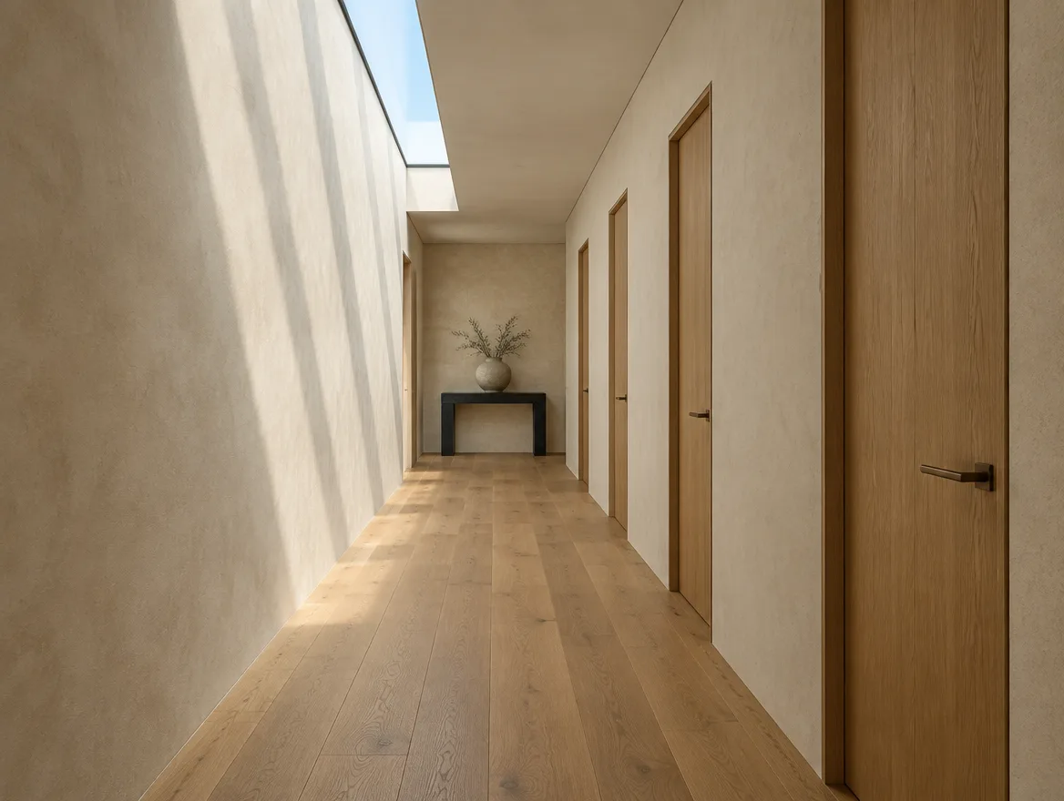 Remodelled hallway with a slot skylight and oak floor