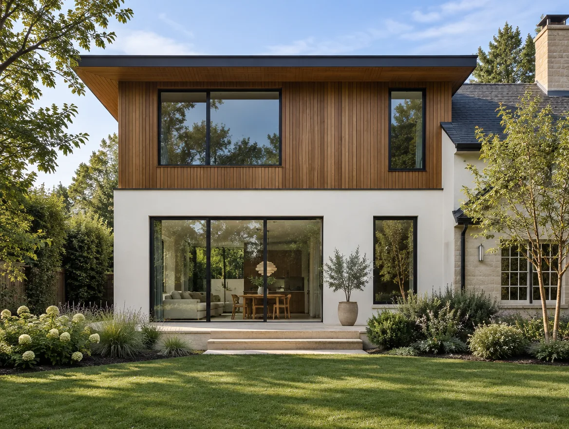 Second-storey home addition in cedar and stucco seen from the garden