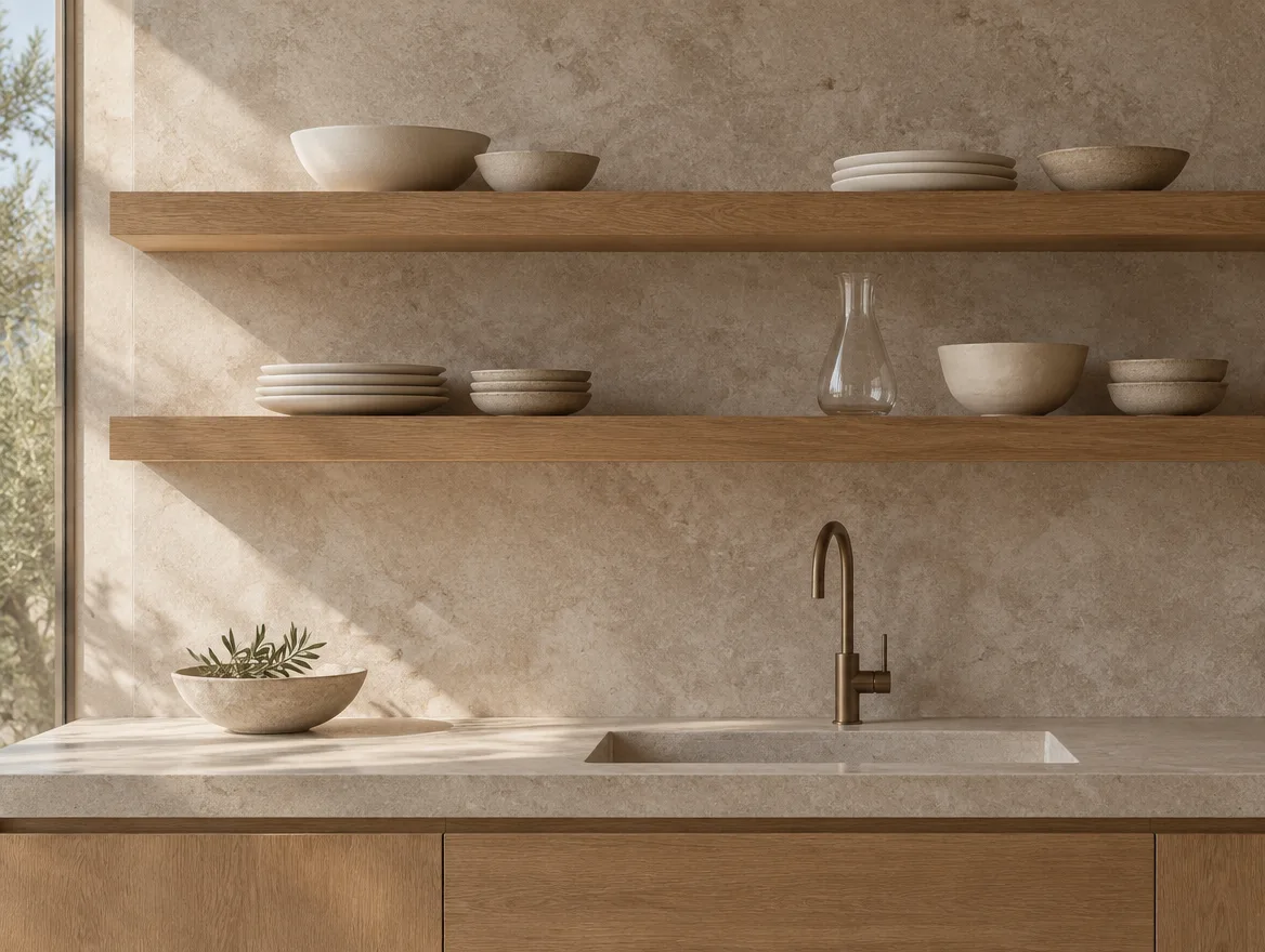 Solid oak open shelving against a honed limestone slab wall in a kitchen remodel