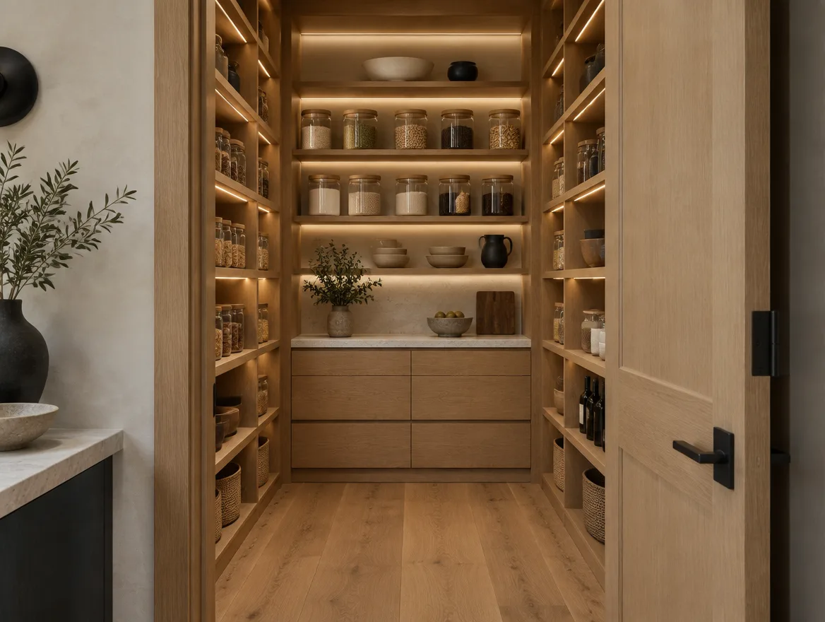 Walk-in kitchen pantry with floor-to-ceiling white oak shelving and integrated lighting