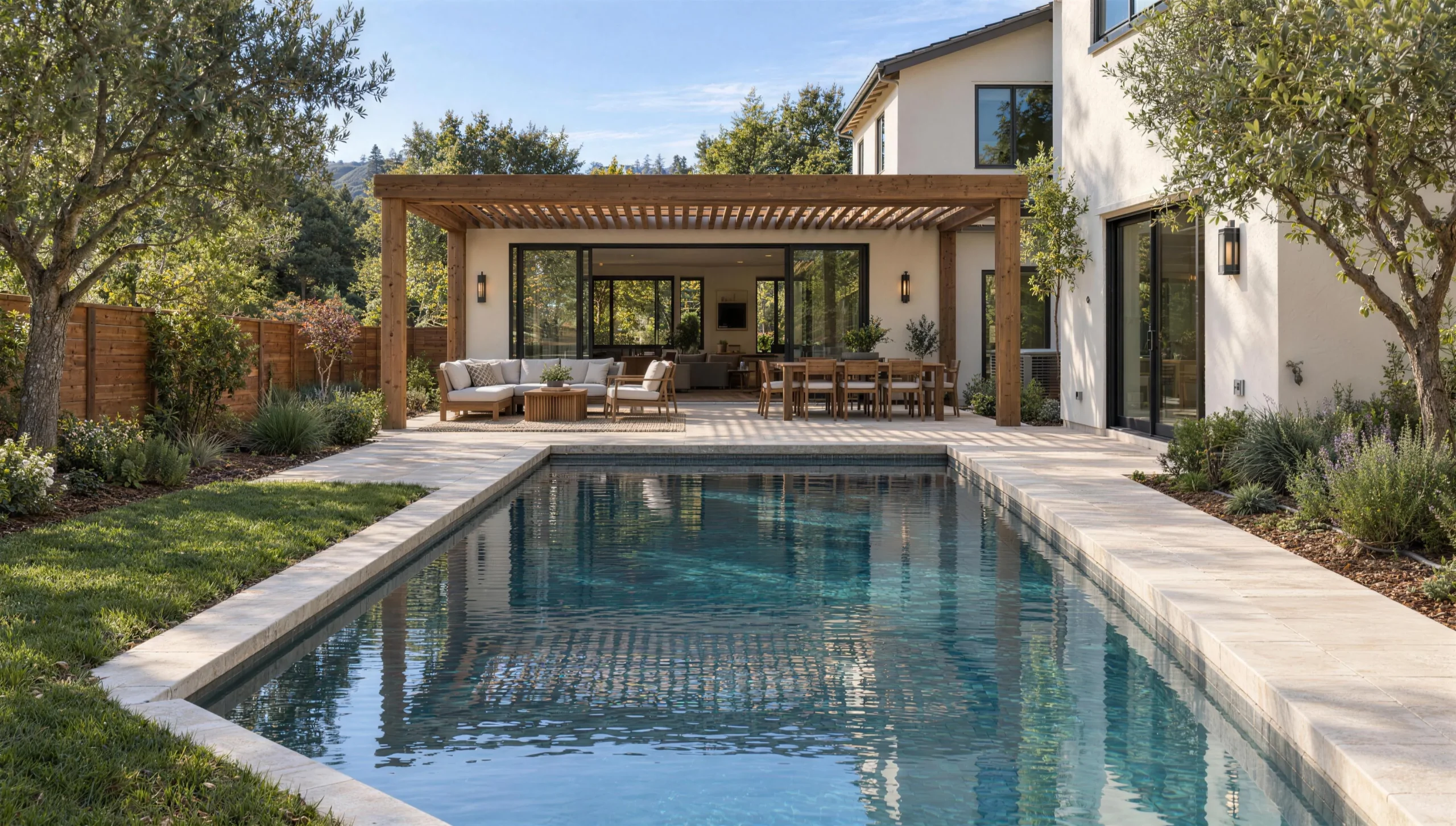 The same backyard after the remodel, with a pool, limestone terrace and a timber pergola