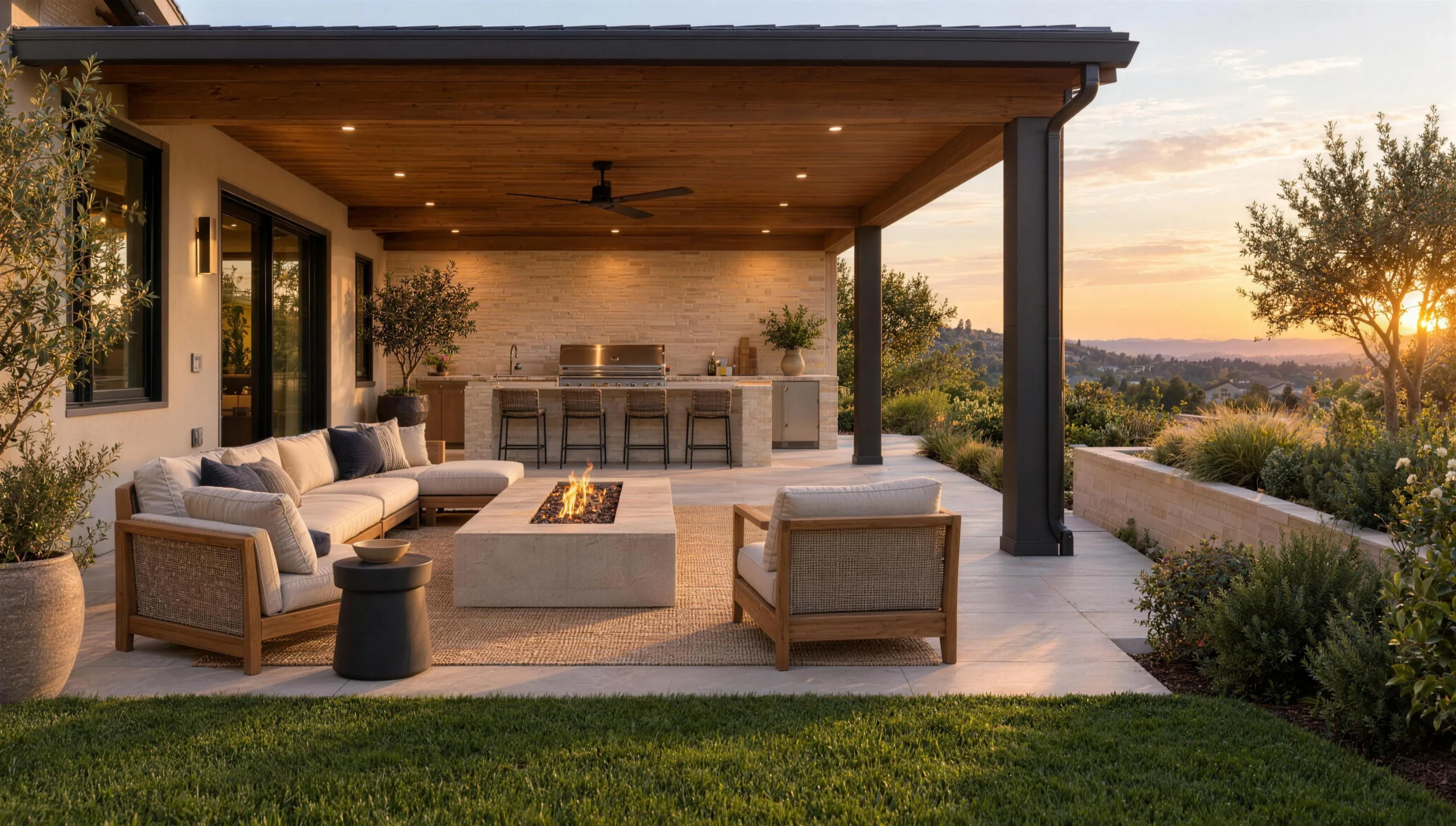 The same back yard after the remodel, with a covered outdoor room, outdoor kitchen and fire pit