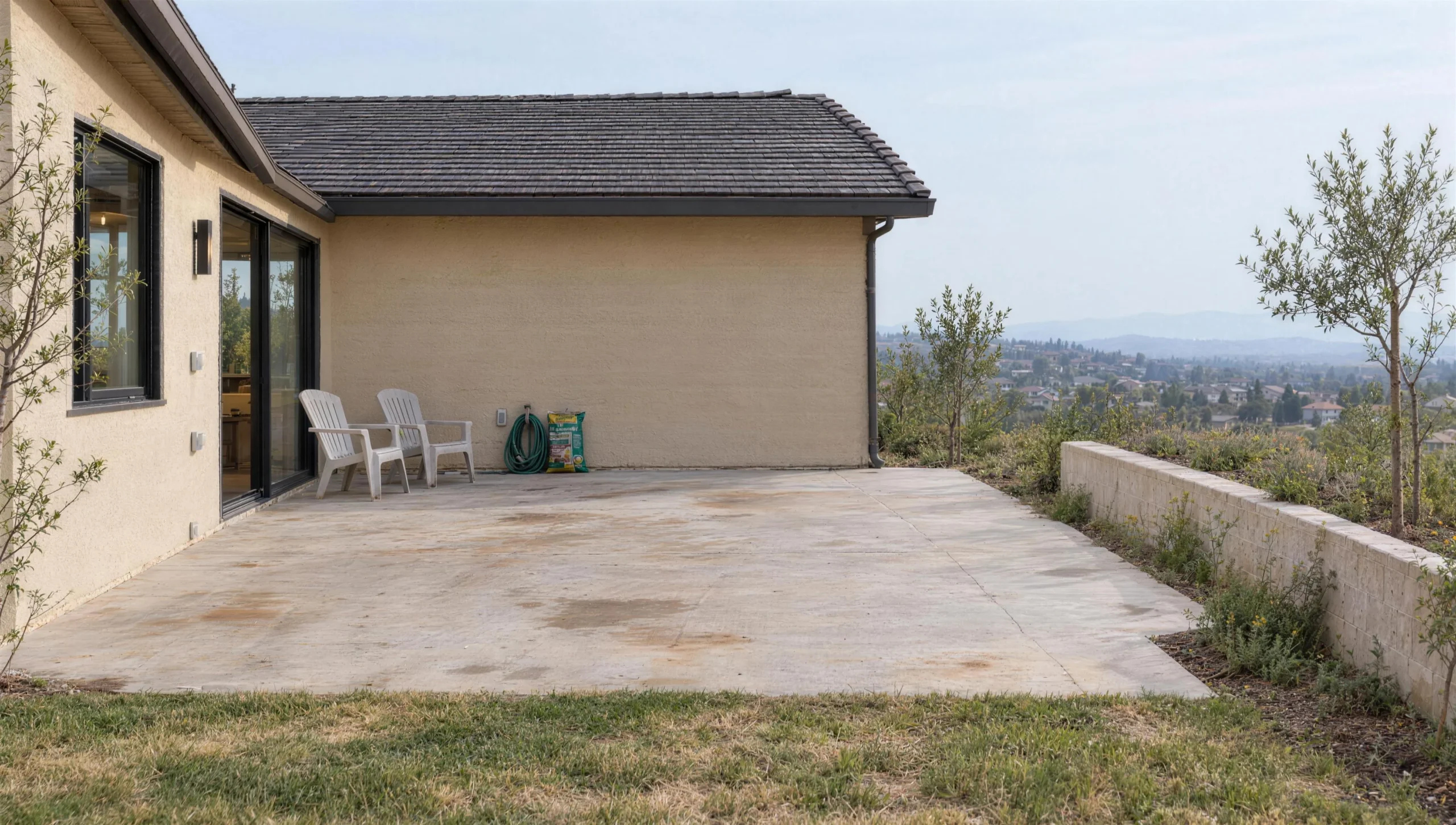 The same back yard before the remodel: a stained concrete slab, two plastic chairs and young olive trees