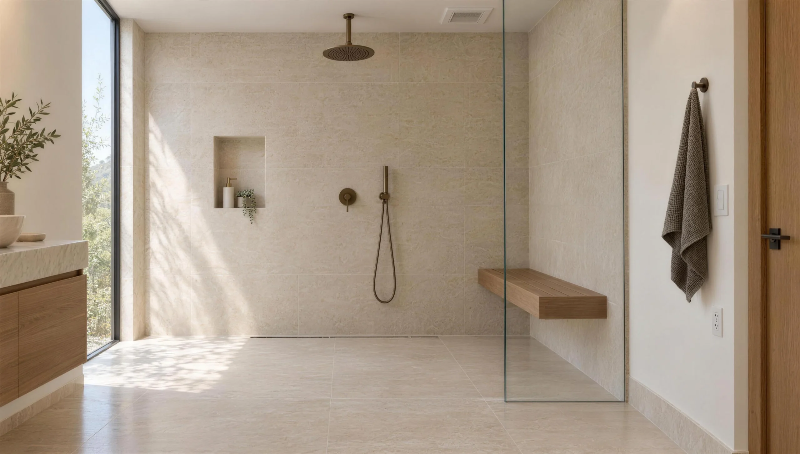 The same shower after remodeling as a curbless walk-in with a bench, niche and glass panel